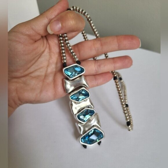 VIDDA Boho Chunky Silver Maximalist Lariat Blue Turquoise Swarovski Necklace - Picture 10 of 15